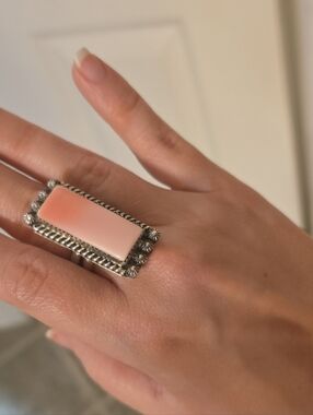Chunky Pink Conch Rectangular Stone Statement Ring Sterling 925